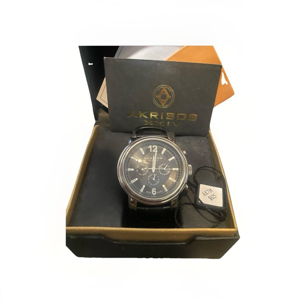 Akribos XXIV Men's Black Leather Watch xxiv‎ ak734